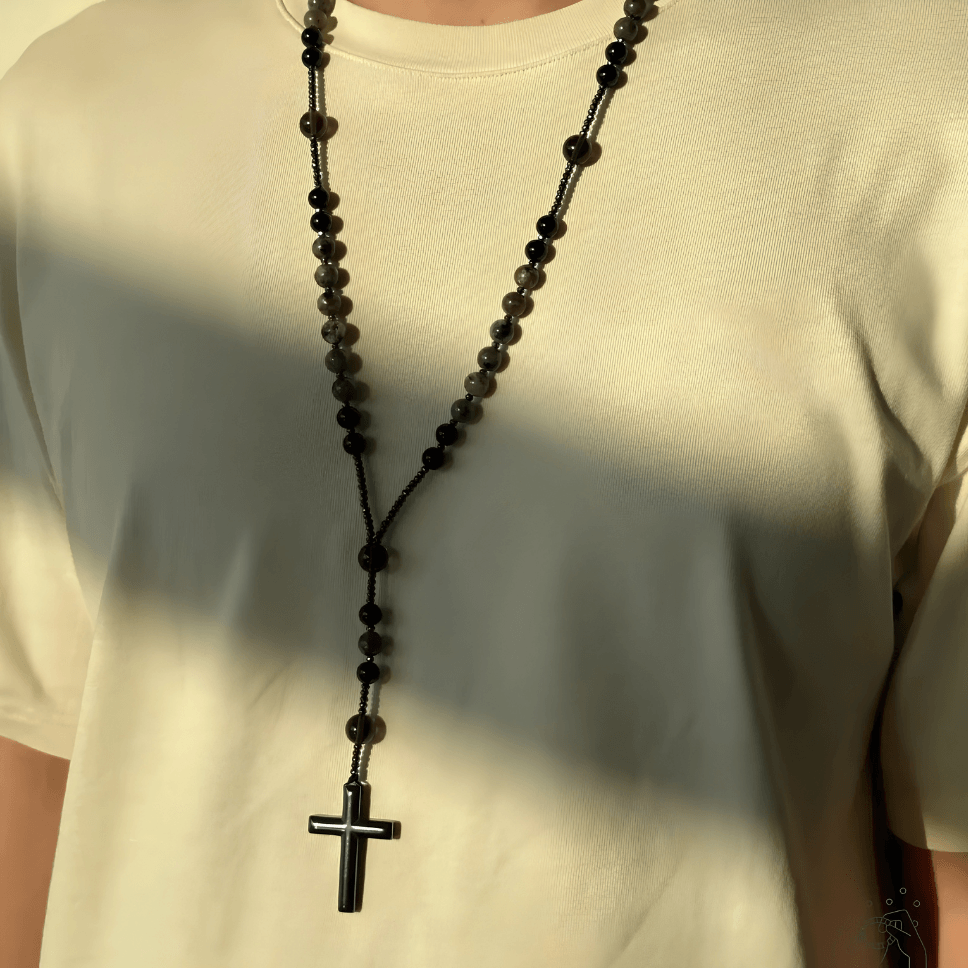 ✝️Collar de Rosario de Obsidiana Natural Yooperlita — Protección Sagrada