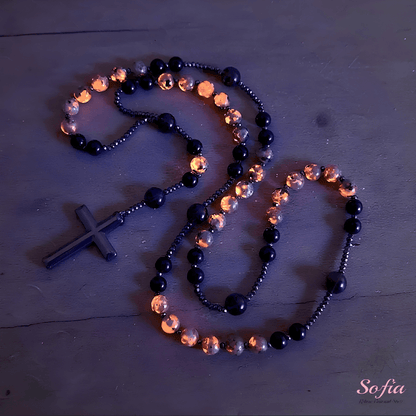 ✝️Collar de Rosario de Obsidiana Natural Yooperlita — Protección Sagrada